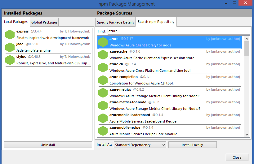 npm package management within VS