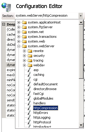 Selecting the httpCompression node in the Configuration Editor in IIS Manager