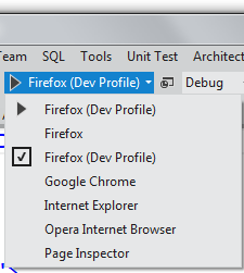 Menu in VS dropped down showing my new Firefox Dev Profile