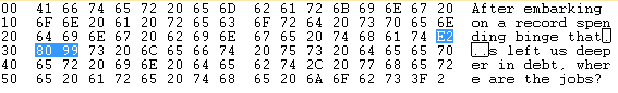 The Tweet in a Hex Editor - E2, 80, and 99 are highlighted