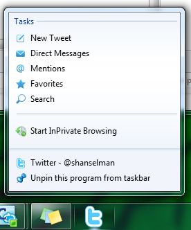 Image of Twitter as a pinned app with a jumplist showing common actions