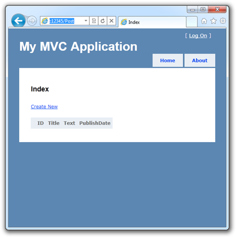 A super basic MVC page with Create New on it.