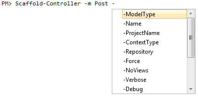 Screenshot of NuGet PowerShell Console with an Intellisense Combo popped up