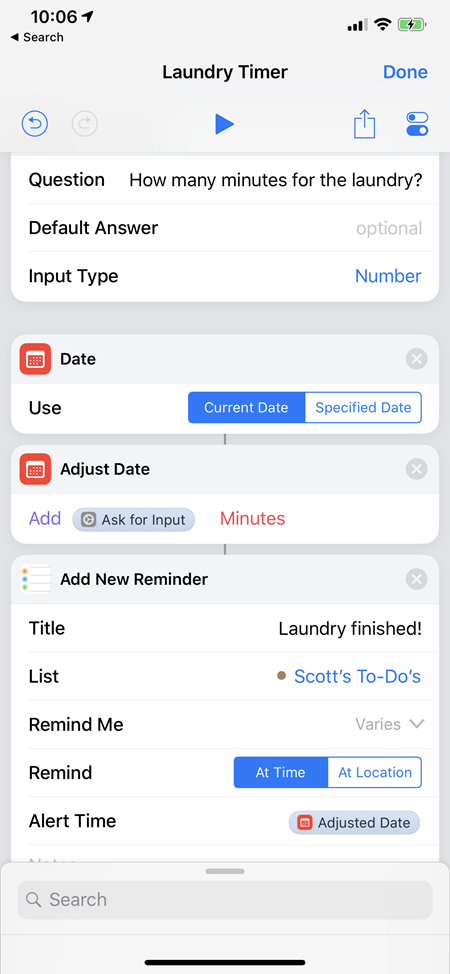 A multiple step shortcut with many actions that flow data into the next, organized in a pipeline